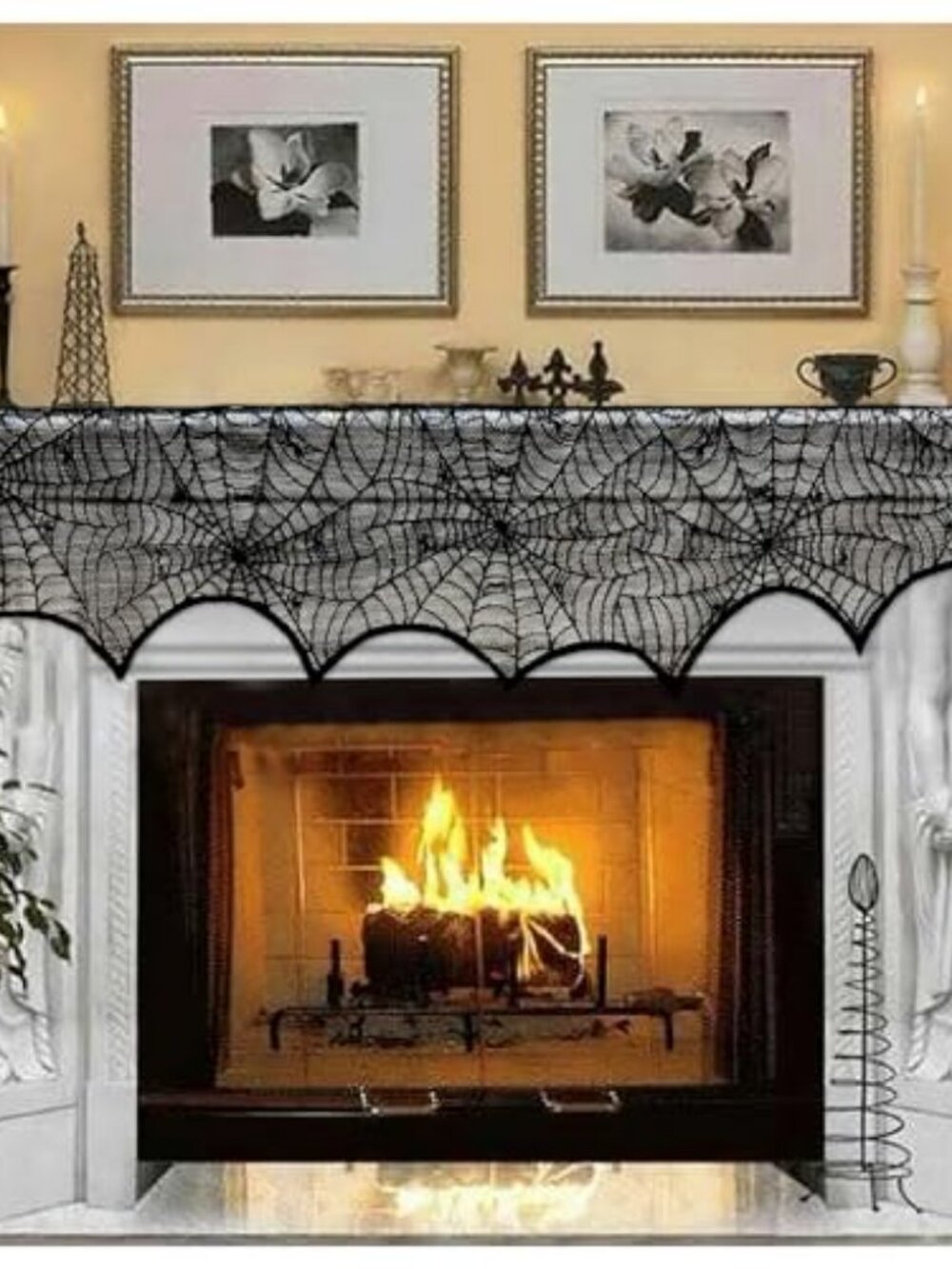 Halloween Decoration Black Lace Spiderweb Fireplace Mantle Scarf Cover Festive